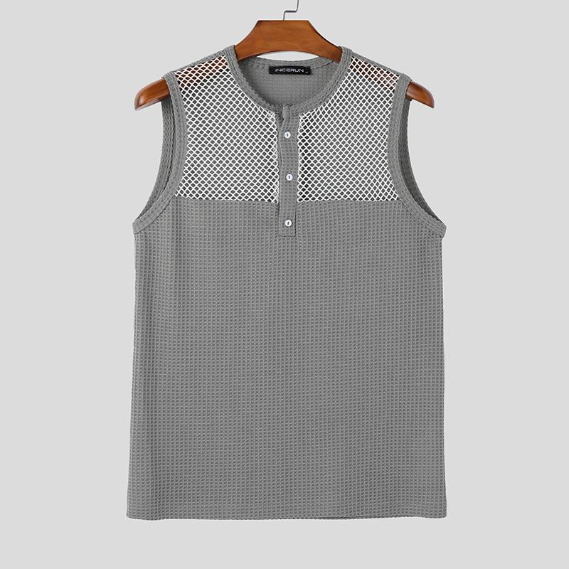 INCERUN Men Casual Sleeveless Patchwork Waffle Texture Hollow Out Tank Tops