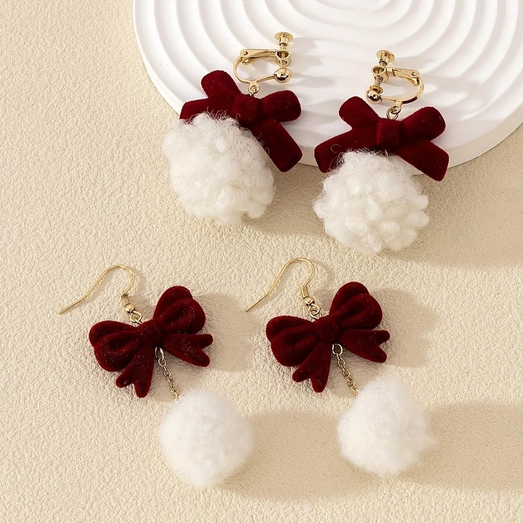 1 pair of retro red bow flocked earrings hairball tassel long pendant light luxury small fragrant style earrings
