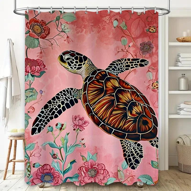 Tropical Turtle Shower Curtain Floral Print Pink Polyester Fabric Bathroom Decoration Customized