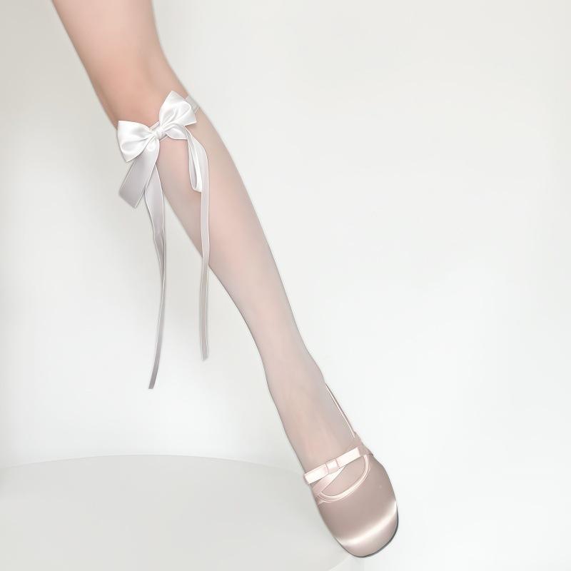 

Ribbon Big Bow Socks Women S Beige Summer Mid-Tube Socks Jk Calf White Silk Lolita Stockings One size fits all белый
