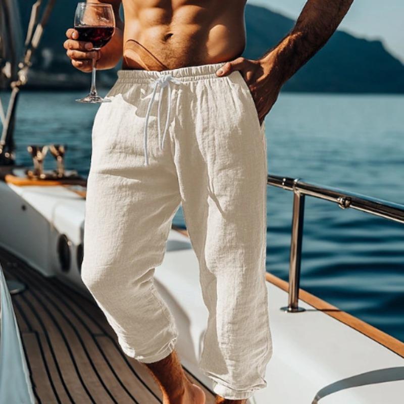 

Cotton and Linen Nine Cropped Pants Beach Pants Pocket Drawstring Elastic Waist Solid Color Comfortable and Breathable Men’s Casual Pants M хакі