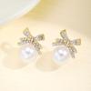 Bow Knot Pearl Earrings for Women Girls Rhinestone Stud Earrings Sparkling Diamond Retro Bow Dangle Earrings Gift