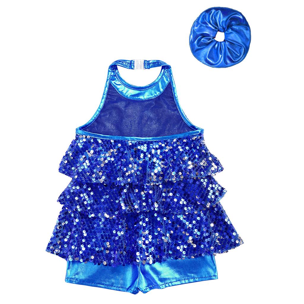 Kids Dance Leotard Halter Neck with Shiny Sequins Ruffles for Jazz Latin Performance Costume
