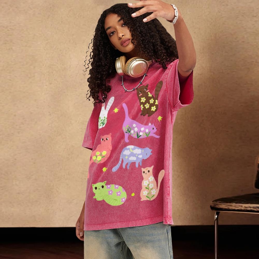 Cartoon Animal Print Women Distressed T-Shirt Oversized Vintage Distressed Short Sleeve Unisex Wash Cute Top