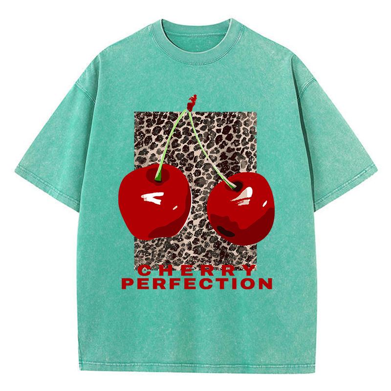 Cherry Perfection Washed T Shirt Women Cotton Leopard Prints Oversize Tops Vintage Black O-Neck T-Shirts Summer Woman Clothes