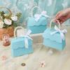 16sets Foldable Paper Wedding Candy Totes with White Imitation Pearl Round Beaded Handle and Ribbon Handbag Shape Light Cyan 13.9x6.1x10.7cm
