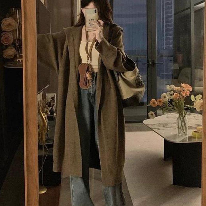 Women's Hooded Knit Cardigan - Maillard Style, Long, Cozy, 2025 Autumn/Winter Collection, Student Lazy Fit