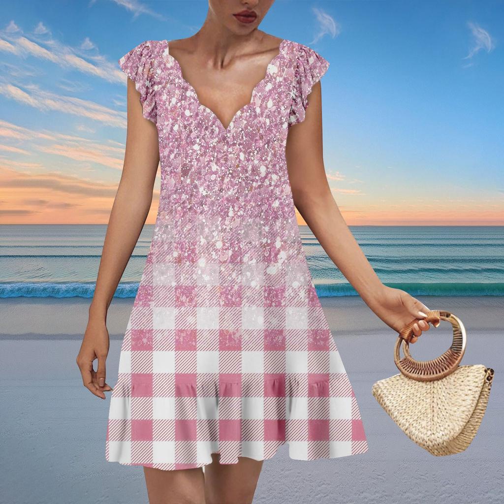 Women's Fashion Casual V Neck Wavy Edge Texture Print Short Sleeve Dress