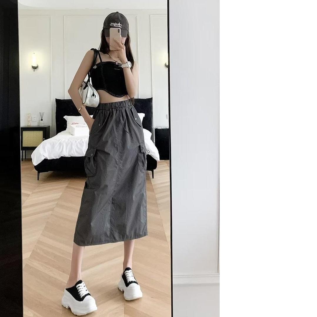 

Ретро еластична талія шнурок інструментальна спідниця жіноча повсякденна універсальна спідниця А-силуету середньої довжини з розрізом жіночий одяг XXXL сірий