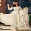 Stylish White Anarkali Ensemble with Embroidered Border Dupatta