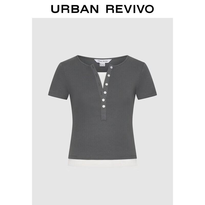 

UR Women s Contrast Henley Neck Faux Two-Piece Slim T-shirt L