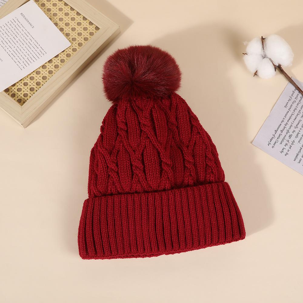 Women's Outdoor Thick Knit Jacquard Hat with Velvet Wool Ball Ear Protection