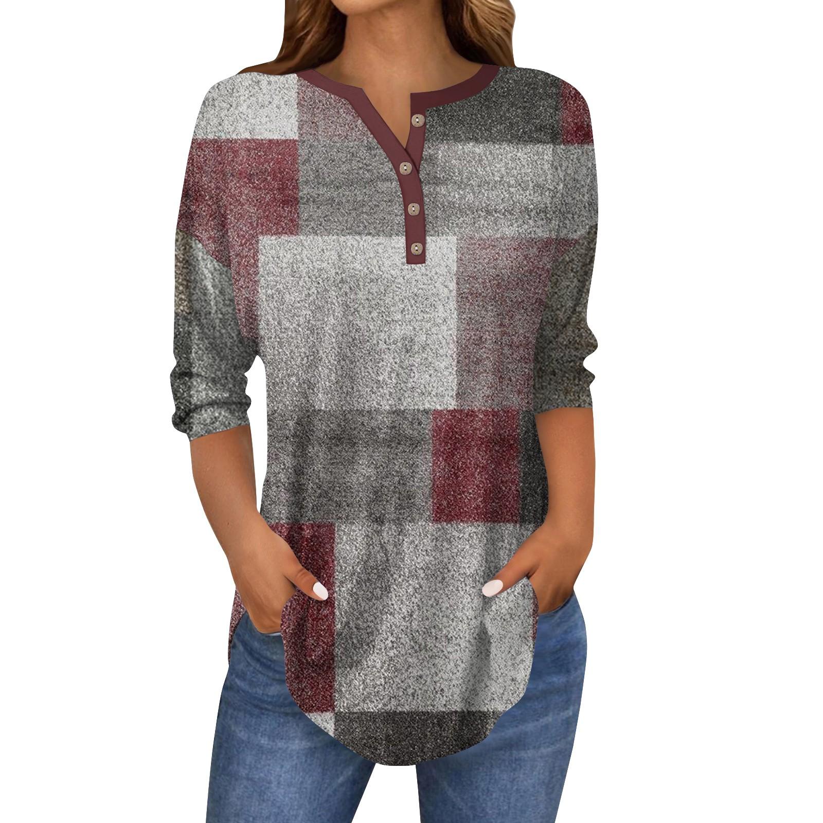 

Женская свободная футболка на пуговицах с винтажным геометрическим принтом и рукавом семь четвертей XXL красный