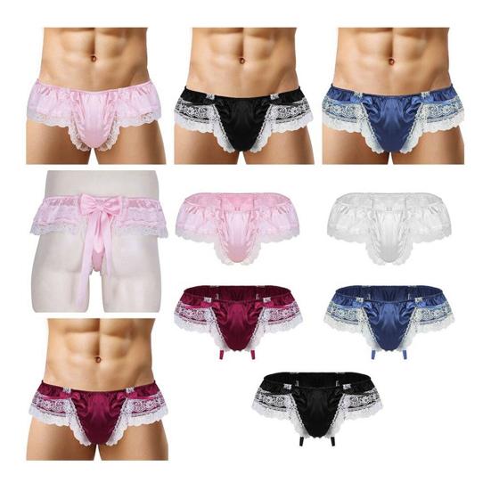 Low Waist Elastic Waistline Bowknot Decor U Convex Men Briefs Sexy Sweet Crochet Lace Stitch Nightclub Panties