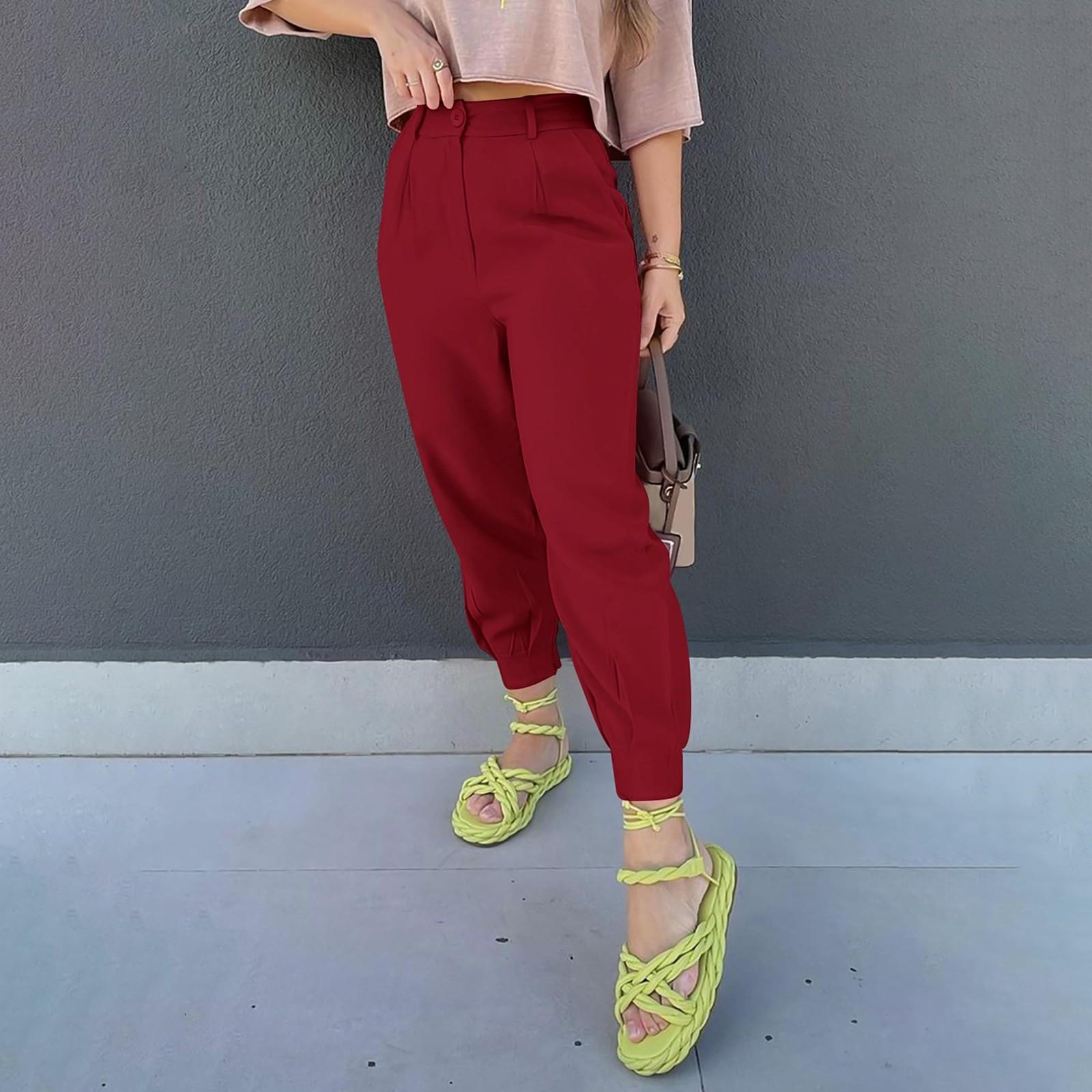 

Women s Summer High Waisted Pants Casual Length Work Trouser Slacks With Pockets M