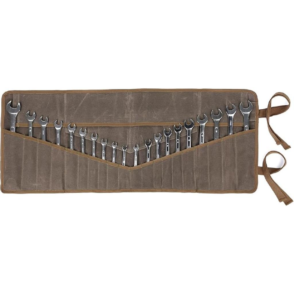 Denifiter Wrench Roll Up Pouch, Heavy Duty Waxed Canvas Tool Roll Bag Tool Organizer Bag With 20+4 Pockets (Brown)