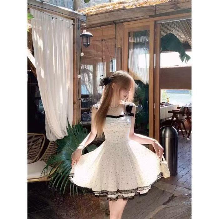 2026 French princess style miu dress women s beautiful polka dot bow sweet fluffy short skirt women s fashion trend S