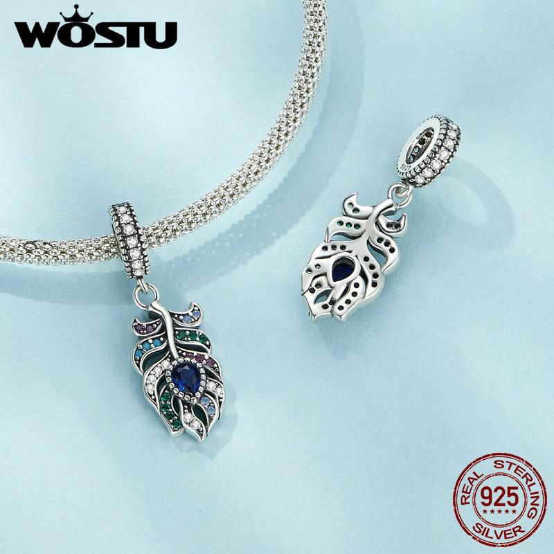 WOSTU 925 Sterling Silver Lovely Pink Clover Charms Peacock Feather Pendant Balloon Bear Bead Fit Original Bracelet DIY Neckalce