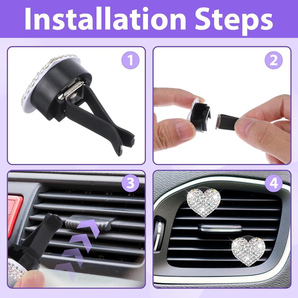 4Pcs Car Vent Clips, Bling Heart Air Vent Clips, Universal Air Conditioning Freshener Clip for Decorative White Car Accessories