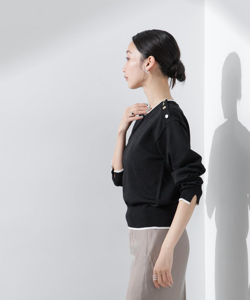 Nano Universe Machine Washable UV Protection Button Detail Knit F Women's Two-Tone Sweater, Black, 010, 673-5122313