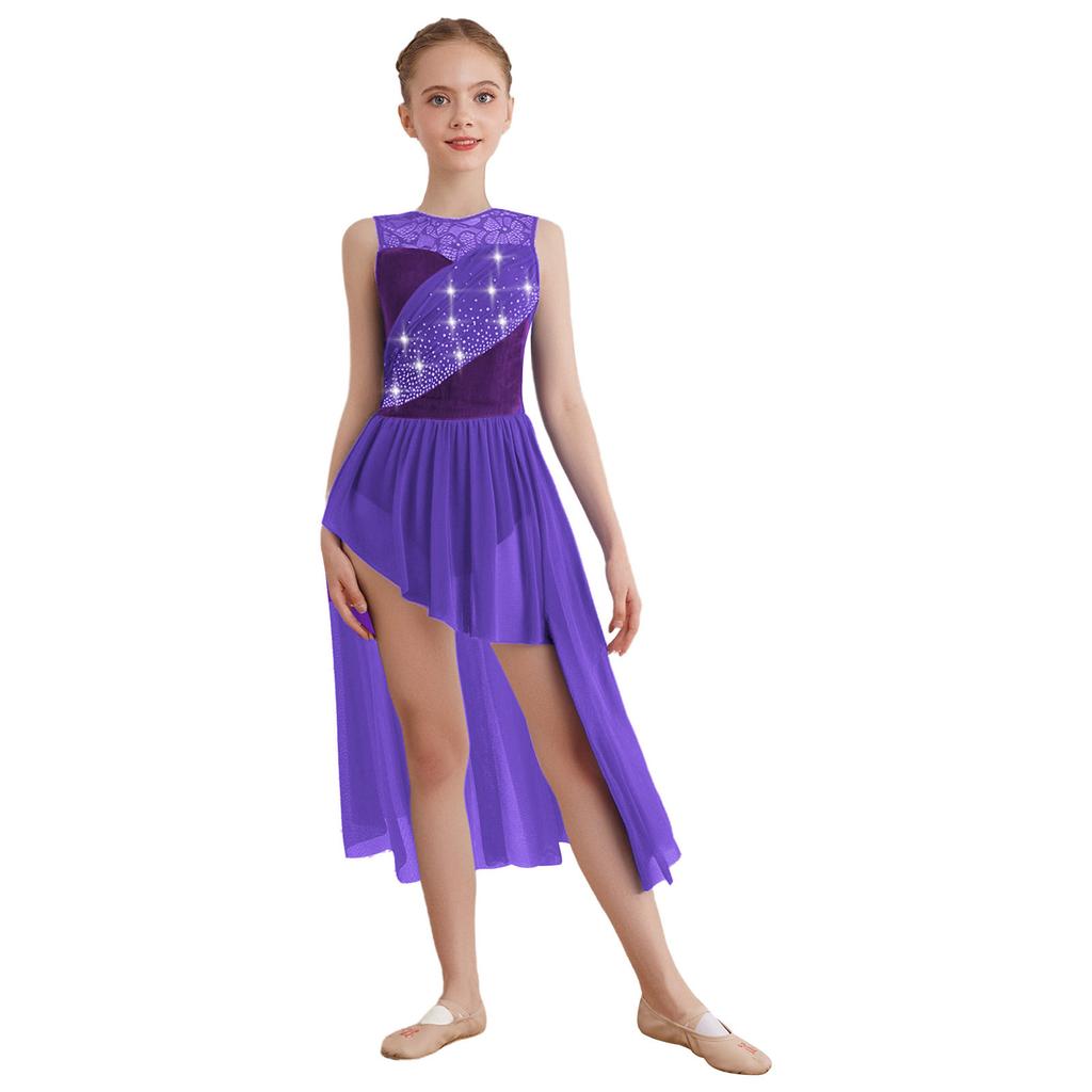 Lyrisches Tanzkleid für Mädchen: Funkelnde Strasssteine auf Spitzen-Patchwork & Raffinierte Netz-Überlagerung mit elegantem asymmetrischem Saum