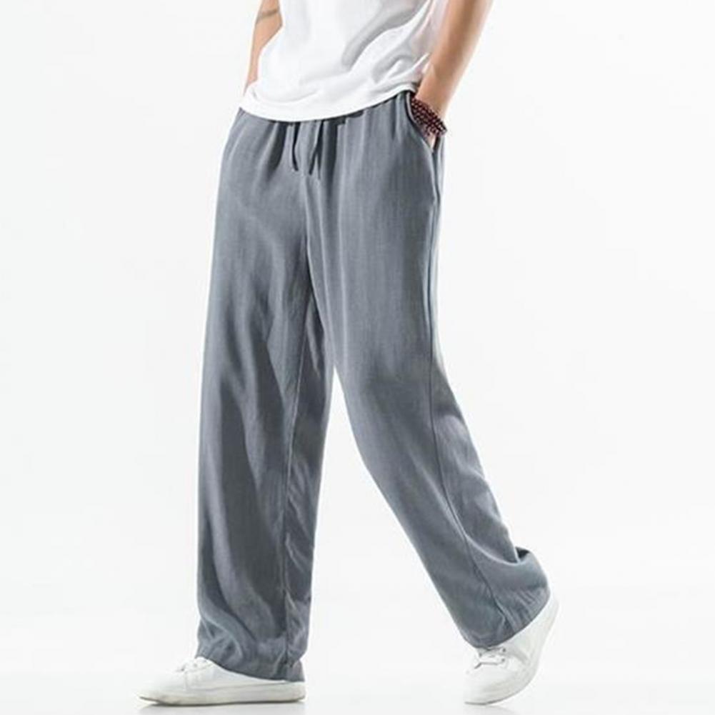 Men Pants Drawstring Elastic Waist Straight Leg Loose Solid Color Pockets Daily Wear Casual Sport Trousers Long Sweatpants