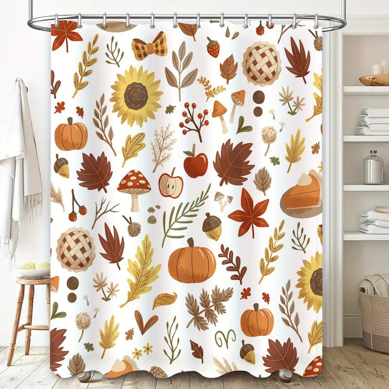 Fall Leaves Pumpkins Shower Curtain Decorative Bath Rug Set For Thanksgiving, Autumn Home Bathroom Decor White Color (180X240Cm)
