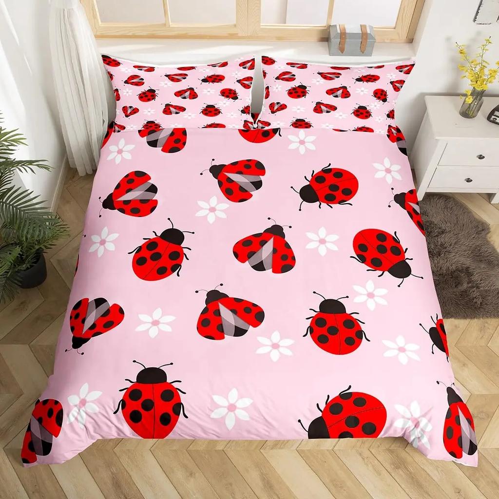 Ladybug Duvet Cover Set Cute Bug Bedding Set Twin Size for Kids Boys Bedroom Red Floral and Insect Adults Queen Duvet Cover Sets