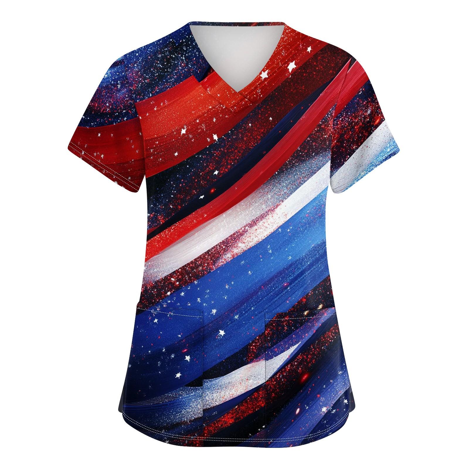 

Женская мода V-образный вырез короткий рукав рабочая одежда с карманами День независимости принтованные топы L киноварь