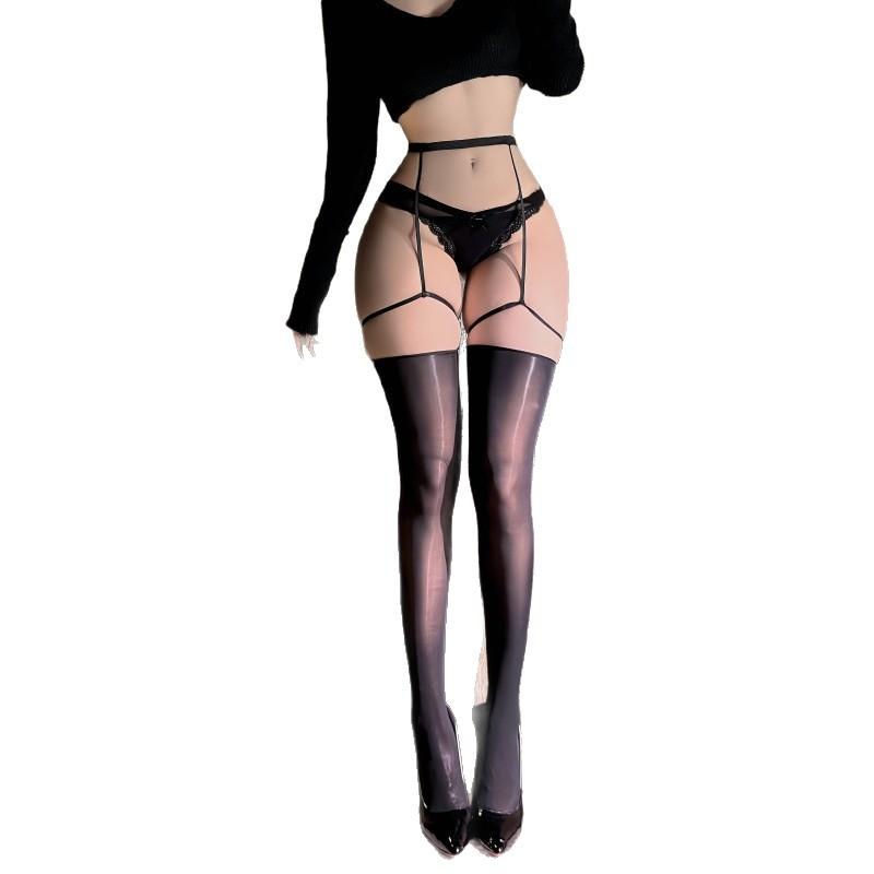 Sex Horse Oil Stockings Female Sexy Bundled Suspenders Integrated Socks Knee Socks Oil Light Black Silk Leg Ring Stockings