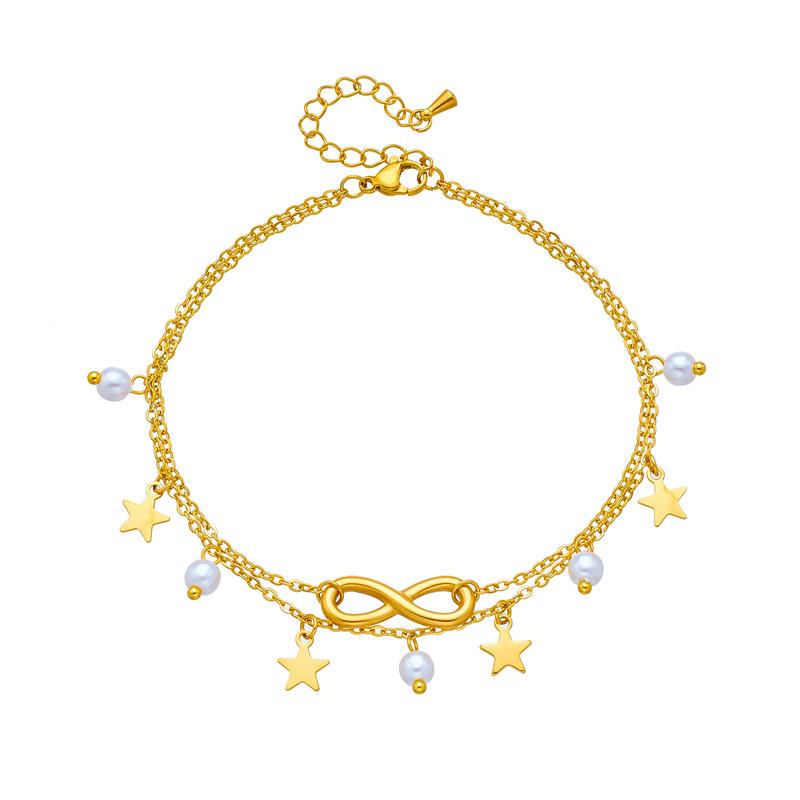 Gold Plated Infinity Star Pearl Anklet, Dainty Double Chain Foot Bracelet with Charms, Minimalist Beach Jewelry for Women Gift