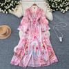 Spring Summer Bohemain Long Dress Women's V-Neck Flare Sleeve Floral Print Single Breasted High Waist A-Line Chiffon Vestidos