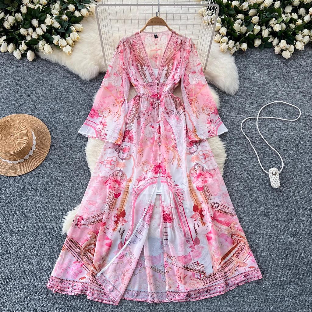 Spring Summer Bohemain Long Dress Women's V-Neck Flare Sleeve Floral Print Single Breasted High Waist A-Line Chiffon Vestidos