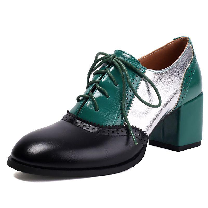 2025 New Design Female Casual Pumps Round Toe Block Heels 6cm Lace Up Mixed Color Plus Size 46 47 48 Soft Daily Shoes 36