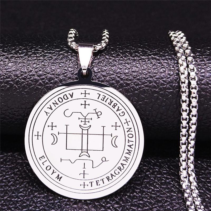 Magisk Talisman Rostfritt Stål Halsband Lyckans Hjul (Agla-INRI) Skydd av ängel Silverfärg Halsband Smycken N2832S02