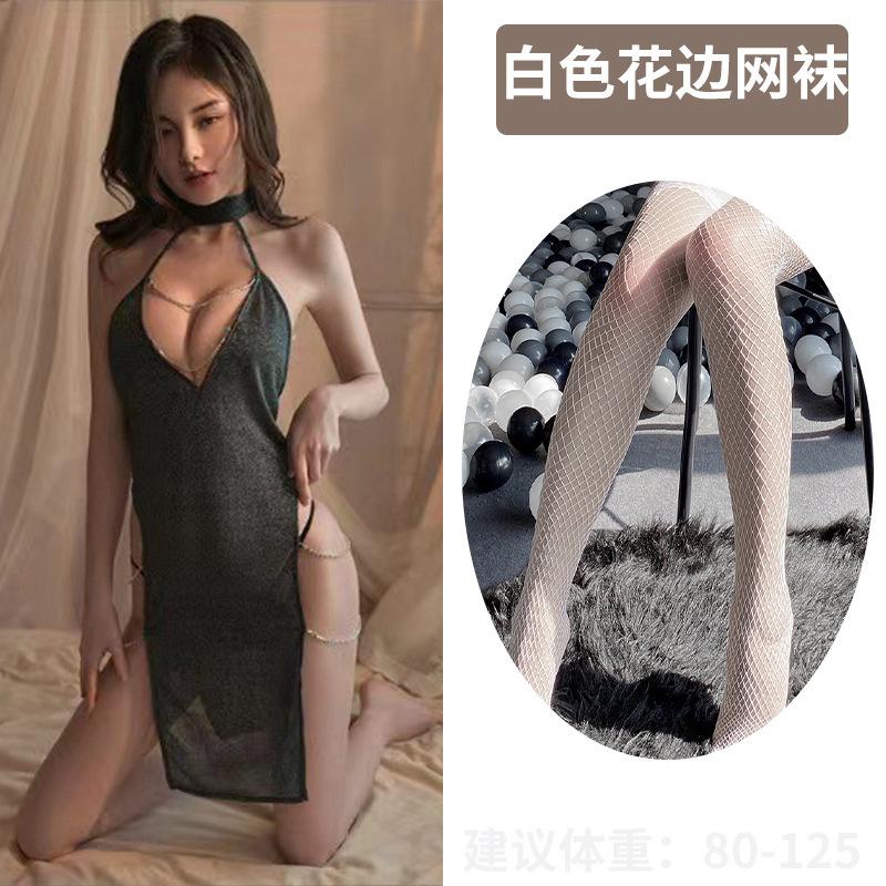 Sexy new chain neck nightdress sexy passion hollowed out hot temptation side split fork pure desire lazy wind
