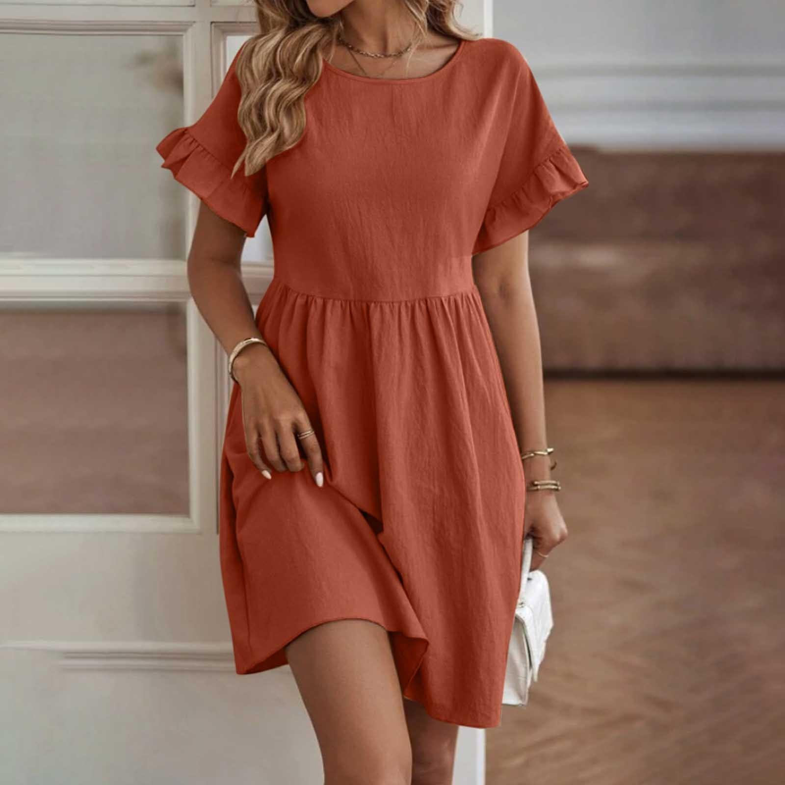 

Женские летние свободные повседневные однотонные платья с круглым вырезом и коротким рукавом XL киноварь