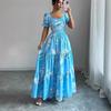 Elegant dress, floral temperament printing, European and American square collar new long dress, blue and pink.
