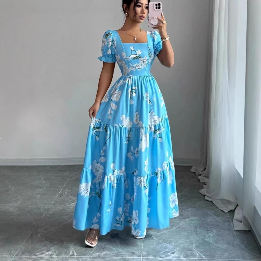 Elegant dress, floral temperament printing, European and American square collar new long dress, blue and pink.