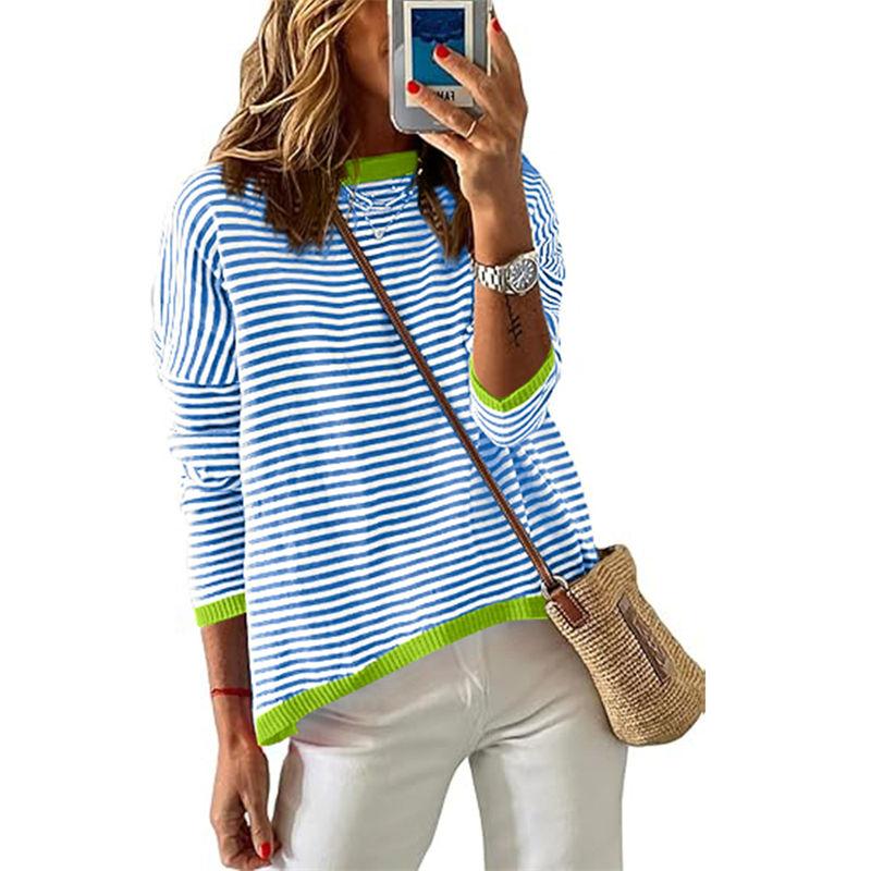 

Длинные рукава Контрастный цвет Круглый вырез Полосатый свитер Женская одежда Повседневный XXL синий