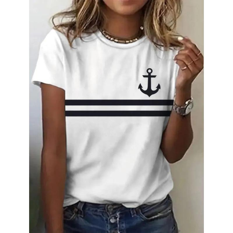 Women's 3D Printed T-Shirt Colorful Striped Boat Anchor Pattern Print Short Sleeve O-Neck Pullover Casual Top