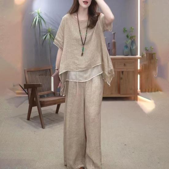 2 Pcs/Set Women Top Pants Set Round Neck Half Sleeves Irregular Hem Blouse Wide Leg Elastic Waist Wide Leg Trousers Daily Leisure Dating Outfit