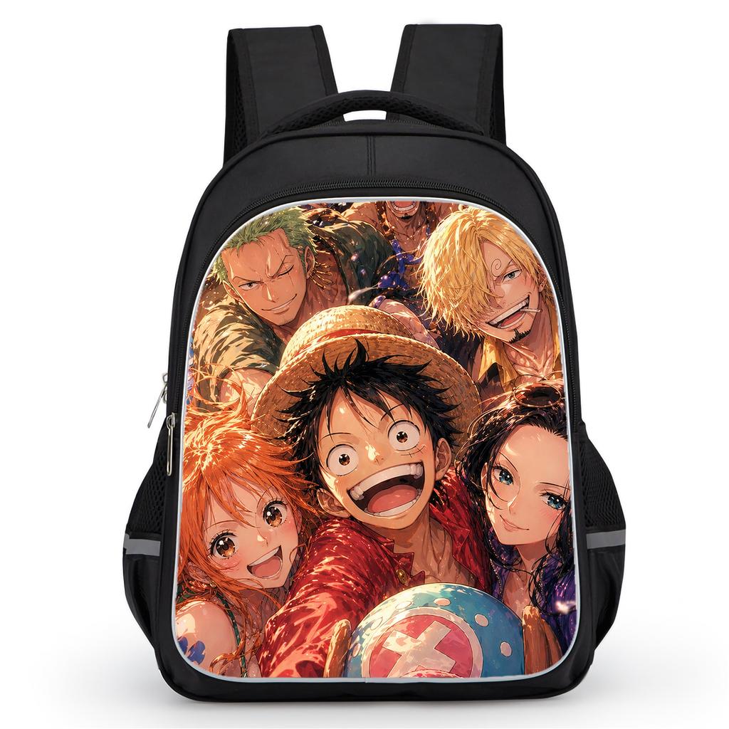 16 Inch Black Cartoon One Piece Backpack Mochila, Light Weight Unisex School Backpack Travel Daypack for Boys Girls Age 6-10