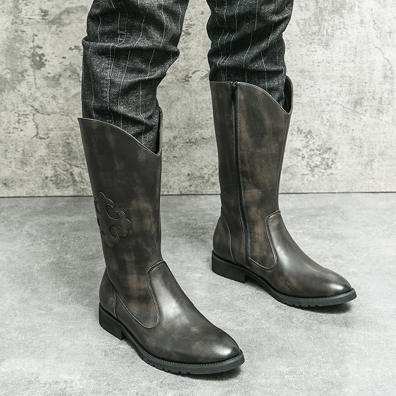New autumn and winter fashion western cowboy boots winter men's European and American style mid-tube leather boots zipper high-top boots