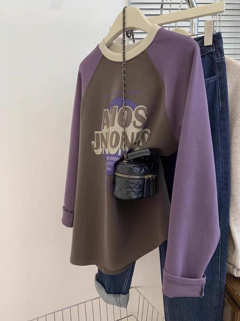 European-Style Plus Size 240 Jin Brushed Raglan Contrast Long Sleeve Women's Thermal Fleece Top for Early Spring/Autumn