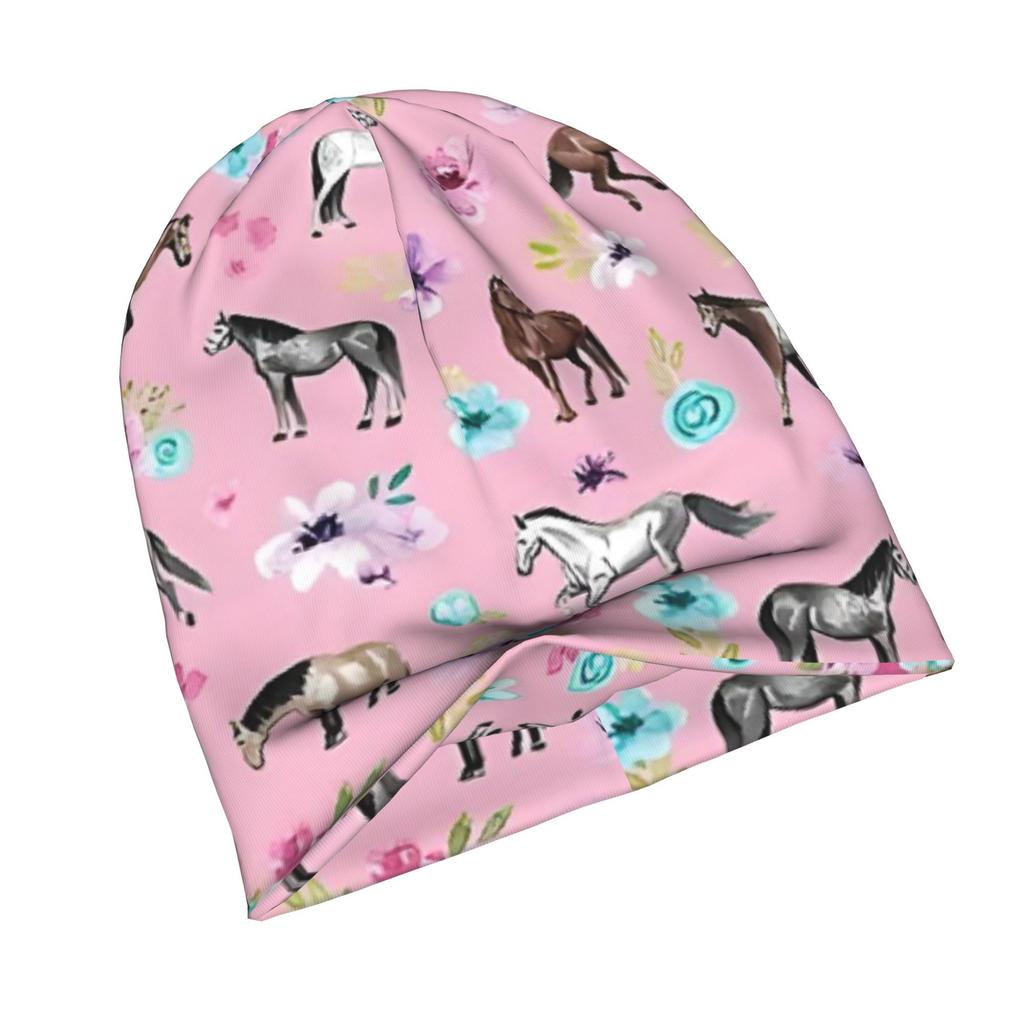 ZLIENSZUS & Men' Minimalist Equestrian Knit Hat - Pink Horse & Cow Pattern, Neutral Tones Suitable for Quiet Style Outfits, Horse-Themed Fashion Acces