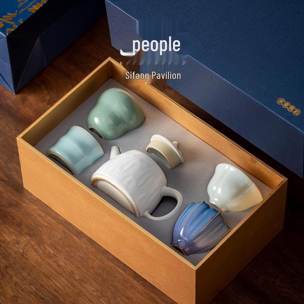 Palace Museum High-Grade Ceramic Gongfu Tea Set: One Pot & Four Cups.