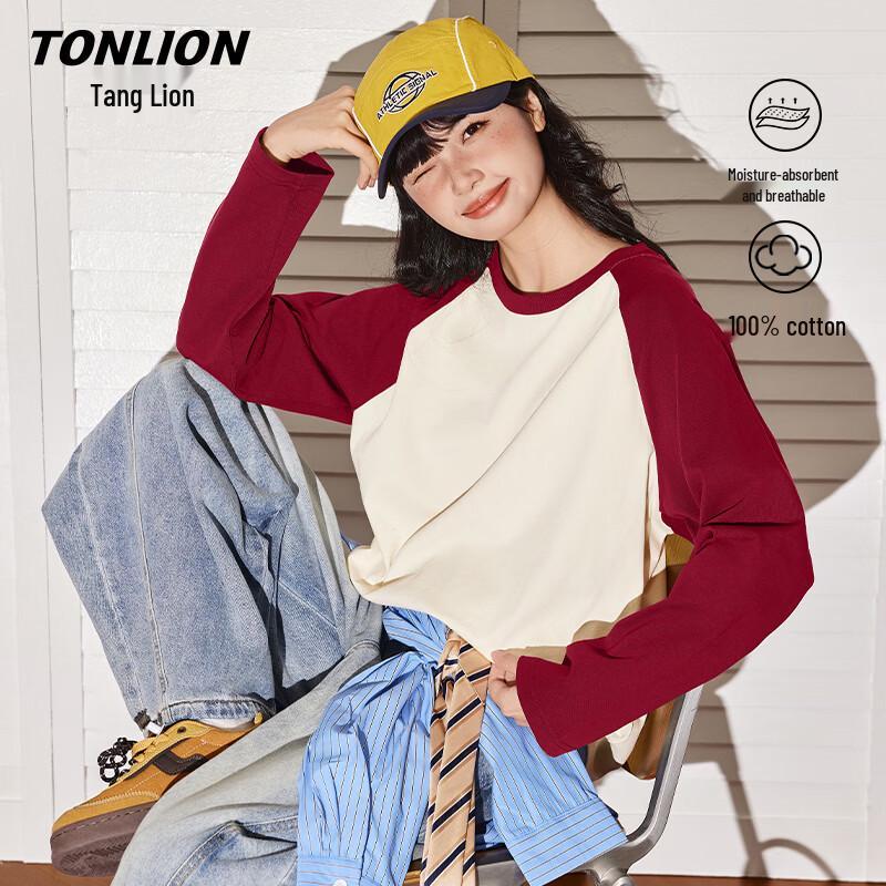 TonLion Women s Pure Cotton Color-Block Long-Sleeve T-Shirt M