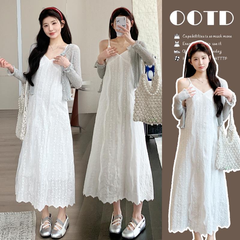 2026 Summer Maternity Dress Set: Elegant Lace Strappy Dress with Sun Protection Cardigan L