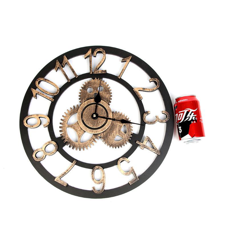 3D Retro Rustic Vintage Wooden Noiseless Steampunk Gear Wall Clock Roman Numerals